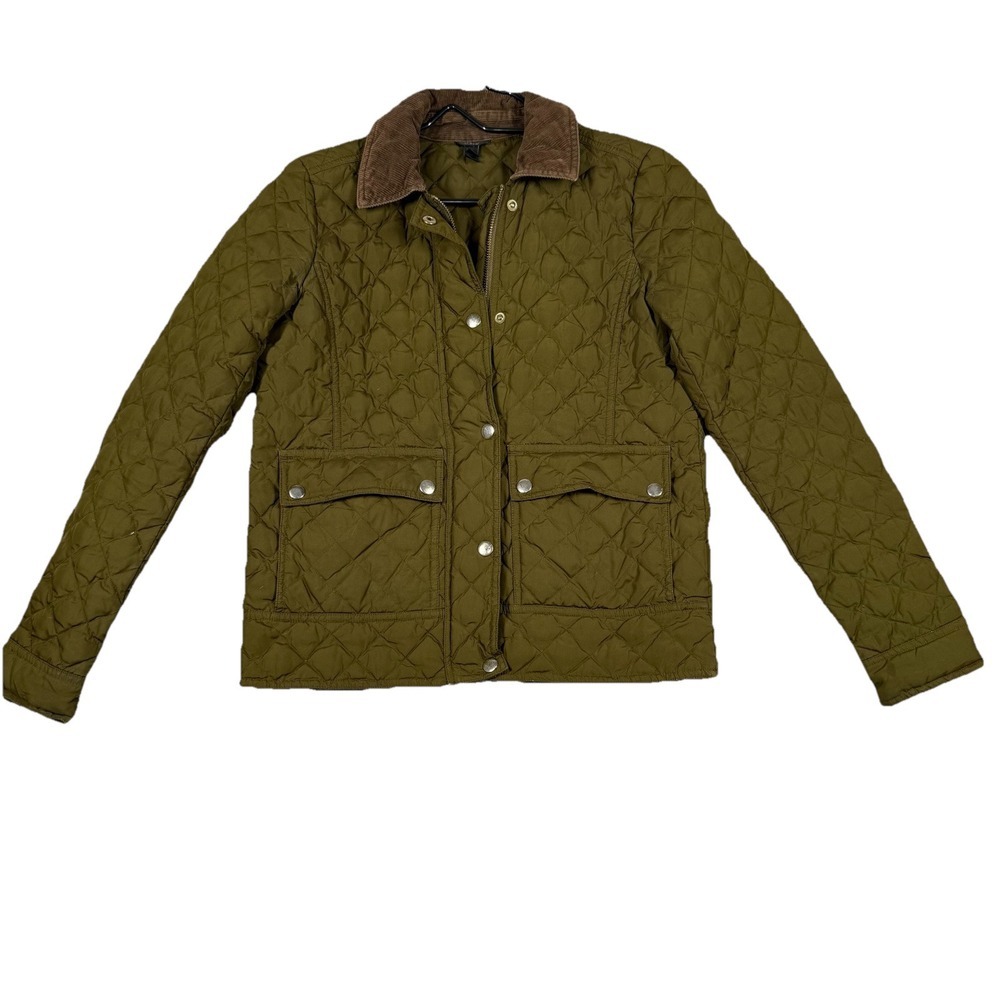 J. Crew Jacket Womens XXS Green Down Fill‎ Puffer Full Zip Pockets Corduroy Neck